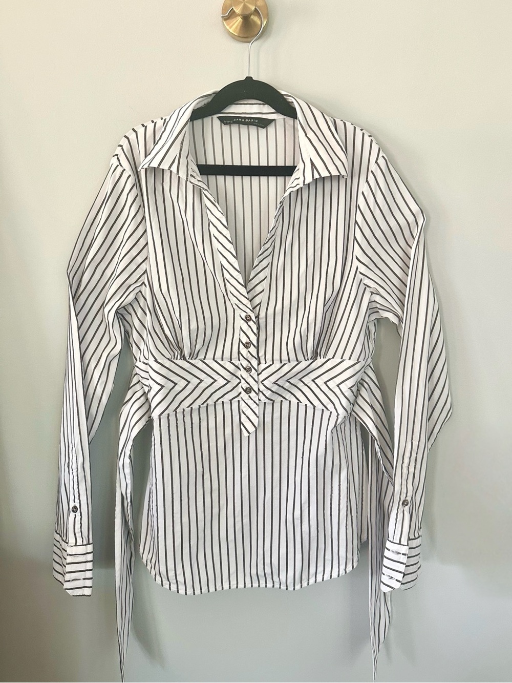 Zara Basic White Gray Pinstripe Tie Back Corset Waist Blouse M